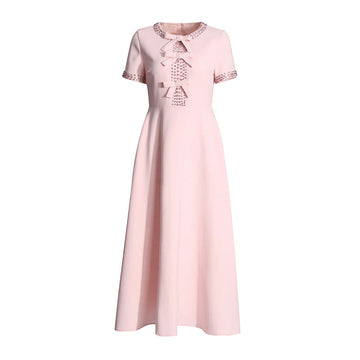 2025 New High-End Heavy Industry Nail Diamond Dress High Waist Round Bow Dress Woman